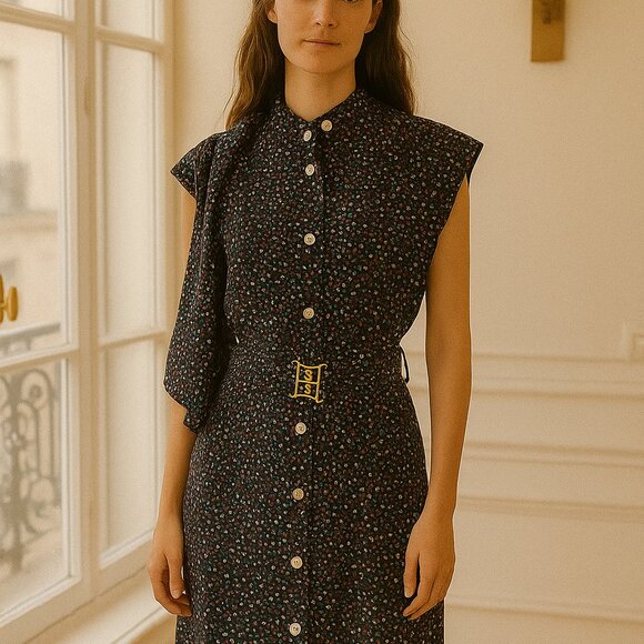 Coach Dress Silk Signature Navy Pink Dot SZ2 Sleeveless Midi Belted Classic - Picture 1 of 12